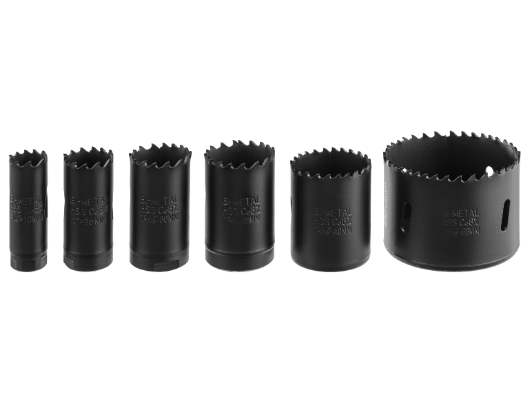 Set bimetalnih HSS Co8% krunskih pila različitih veličina, od 19mm do 68mm.