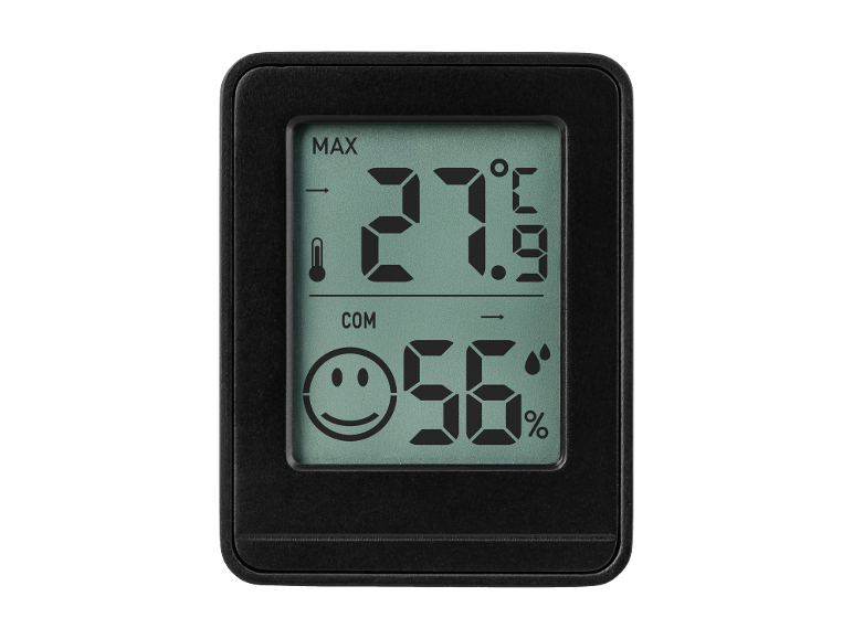 Crni digitalni termo-higrometar s zaslonom koji prikazuje 27.9°C i 56% vlažnosti.