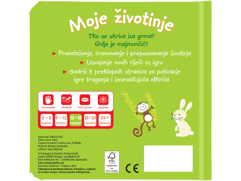 Dječja knjiga „Moje životinje“ s preklopnim stranicama, potiče razvoj jezika i motorike.