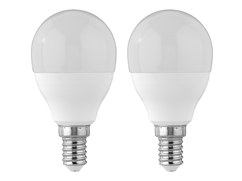 Dvije bijele LED žarulje s E14 navojem na crnoj pozadini.