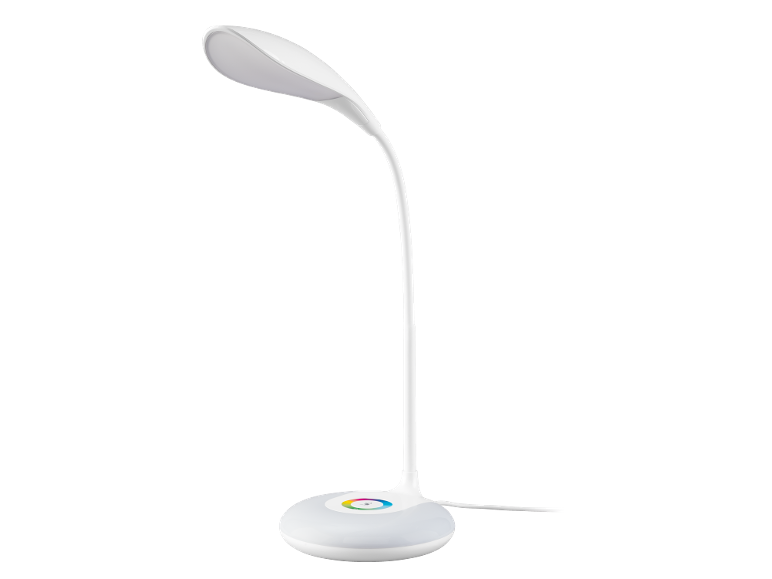 Bijela LED stolna lampa s fleksibilnom rukom i bazom s krugom u boji.