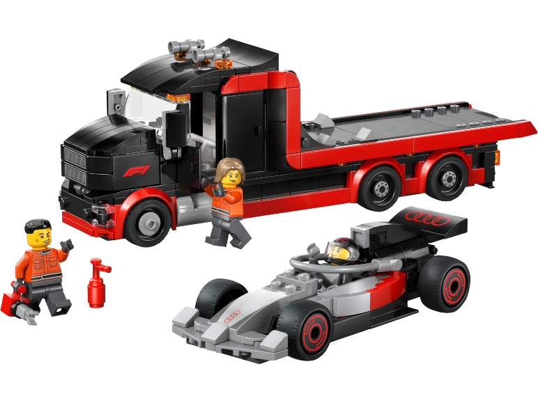 Set za slaganje kamiona za prijevoz trkaćih automobila i bolida Formule 1 s figurama