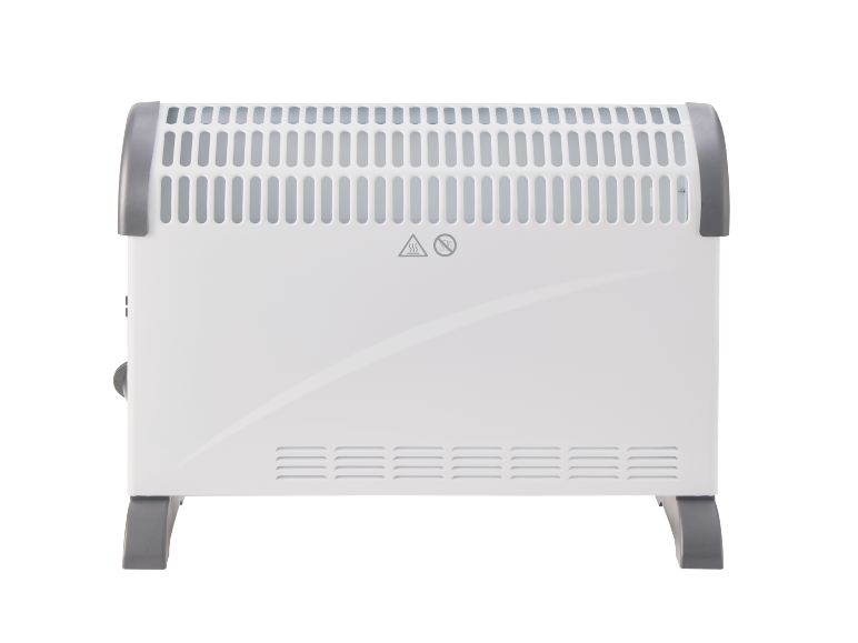 Bijela električna konvekcijska grijalica s ventilacijskim rešetkama i sivim nogama.