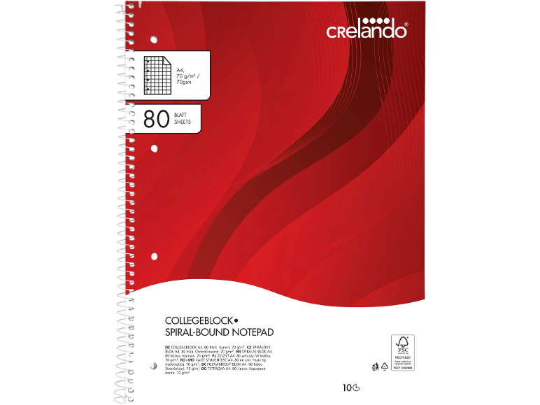 Crveni spiralni blok A4 formata s 80 listova, 70 g/m², karirani.