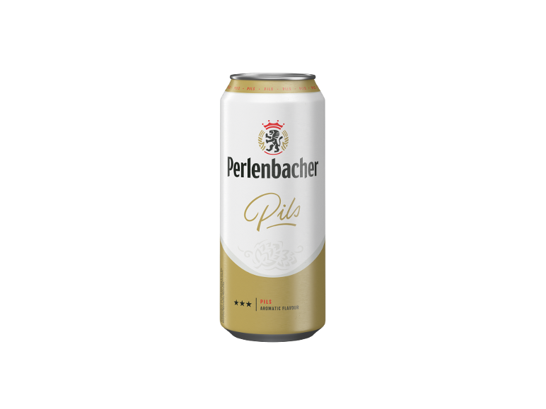Bijela i zlatna limenka pilsner piva s krunjenim lavom i natpisom „Pils“.