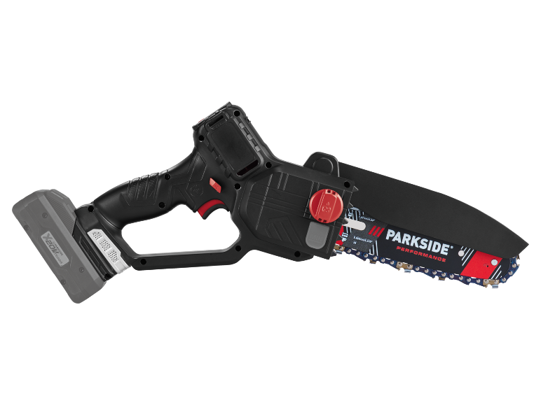 Akumulatorska motorna pila s baterijom i lancem, spremna za upotrebu.