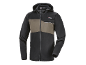Crna i kaki softshell jakna s patentnim zatvaračem i kapuljačom.
