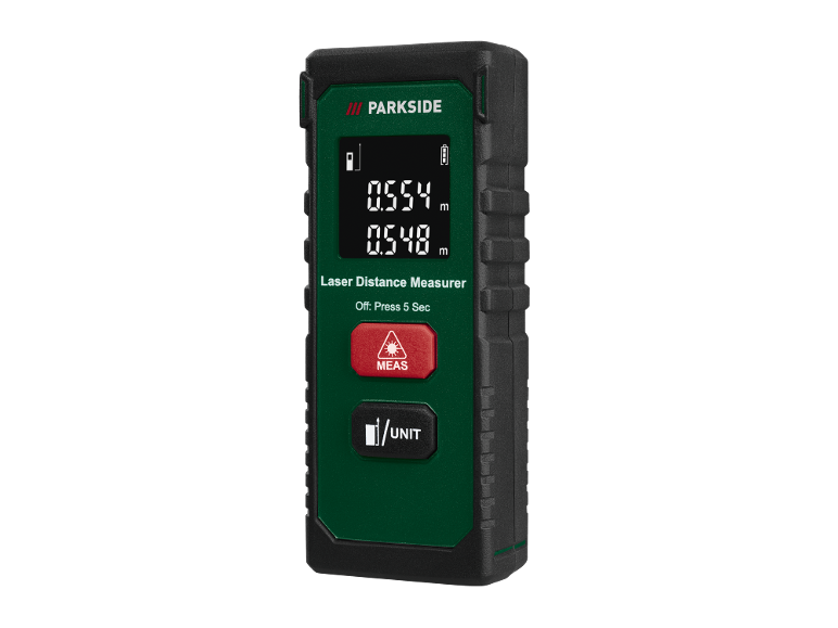 Laserski mjerač udaljenosti s digitalnim zaslonom koji prikazuje 0.554 m i 0.548 m.