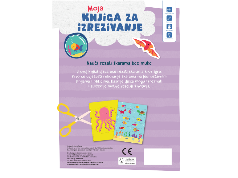 Knjiga za rezanje škarama s motivima morskih životinja i dinosaura, za djecu od 4 godine.