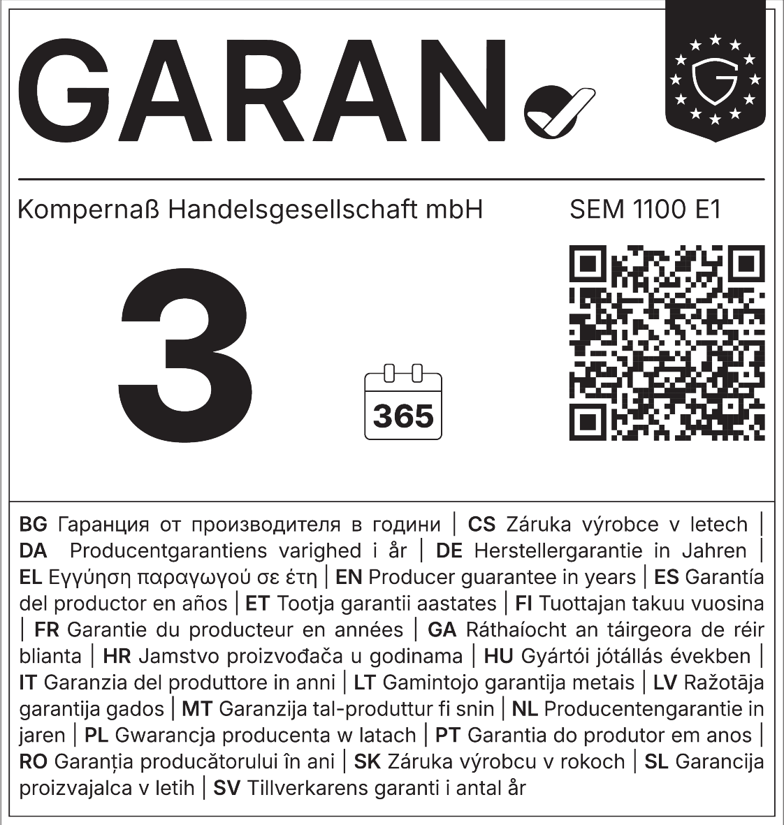 Jamstvo proizvođača: 3 godine (365 dana). Referentni broj: SEM 1100 E1.