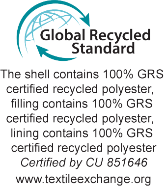 Oznaka Global Recycled Standard: 100% GRS certificirani reciklirani poliester za vanjski sloj, punjenje i podstavu. Certificirano od CU 851646.
