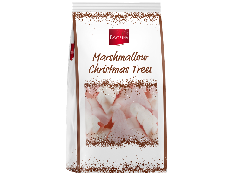Vrećica marshmallow božićnih drvaca, ukrašena pahuljicama i zvijezdama.