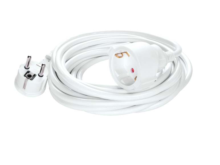 Bijeli namotani produžni kabel s dvopolnim utikačem i jednom utičnicom.