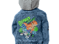 Dječja traper jakna sa sivom kapuljačom i printom dinosaura i psa s tekstom „DINO EXPERT“.