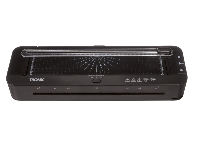 Crni laminator s integriranim rezačem, mjernom mrežom i postavkama za različite veličine papira.