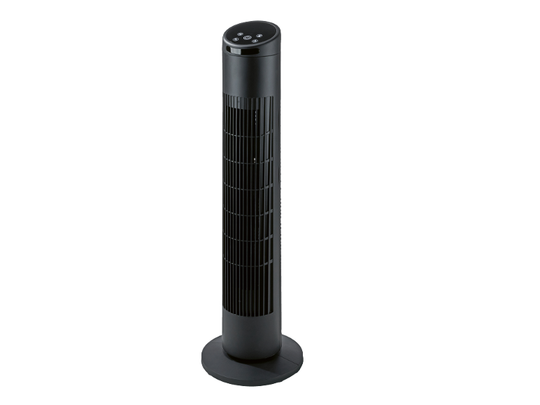 Crni toranj ventilator s kontrolnom pločom na vrhu i okruglom bazom.