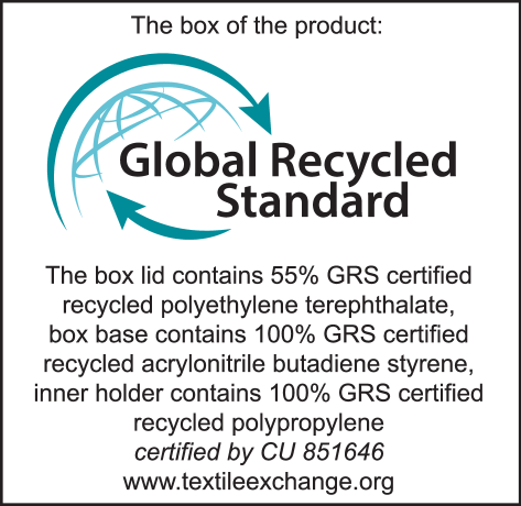 Oznaka Global Recycled Standard: poklopac kutije 55% reciklirani PET, dno kutije 100% reciklirani ABS, unutarnji držač 100% reciklirani PP, certificirano od CU 851646.