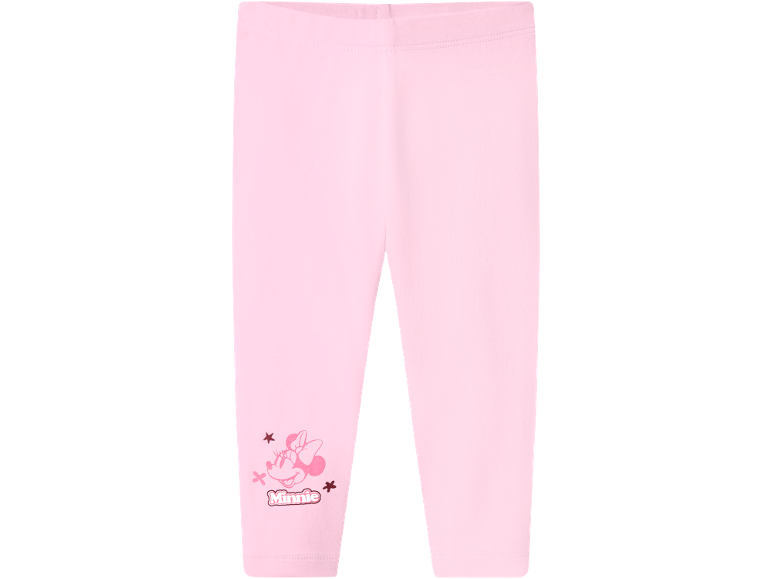 Ružičaste dječje tajice s grafikom Minnie Mouse i tekstom na lijevoj nozi.