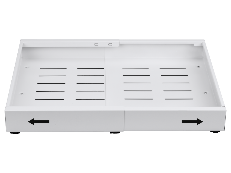 Bijeli metalni držač za CPU ispod stola s ventilacijskim otvorima i strelicama smjera.