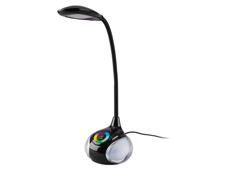 Crna LED stolna lampa s fleksibilnom rukom i bazom s obojenim svjetlom
