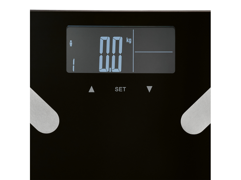 Digitalna kupaonska vaga s prikazom 0,0 kg i tipkama za podešavanje.
