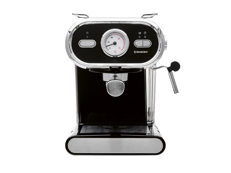 Crni aparat za espresso s kromiranim detaljima i mjeračem temperature.