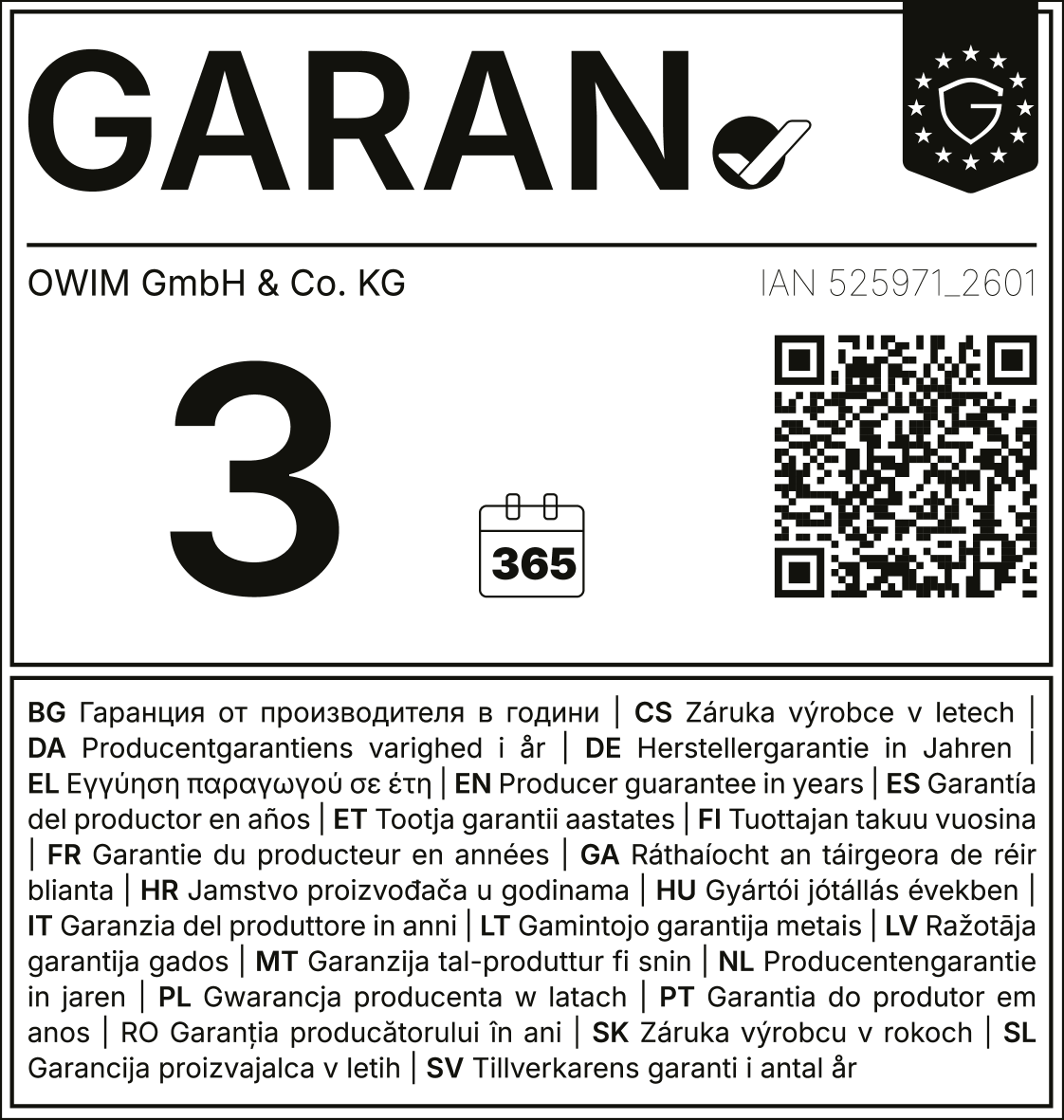 Jamstvo proizvođača: 3 godine, 365 dana. IAN 525971_2601.