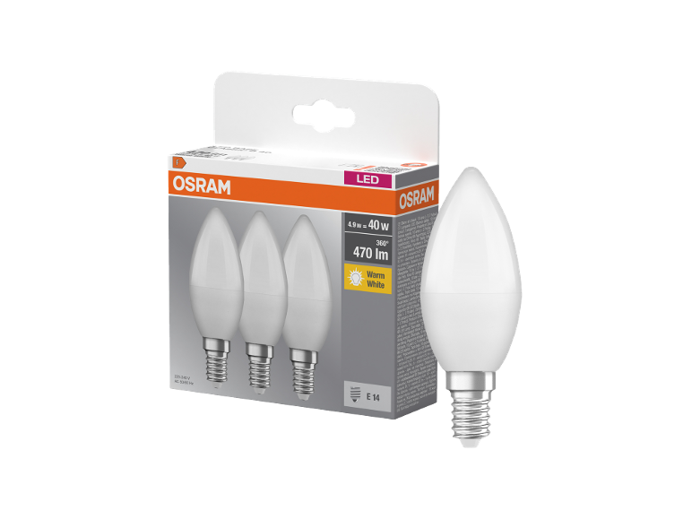 Pakiranje s tri toplo bijele E14 LED žarulje i jednom žaruljom izvan pakiranja.