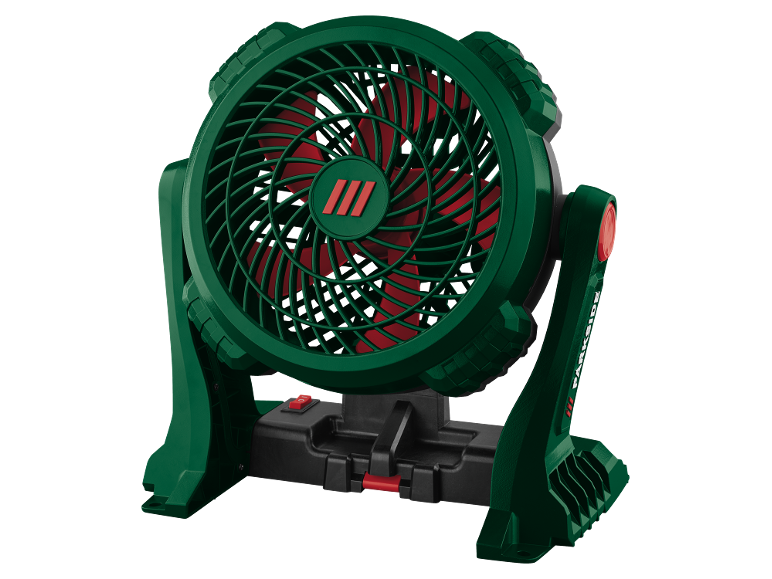 Zeleno-crveni radionički ventilator s postoljem, prekidačem i ručkama.