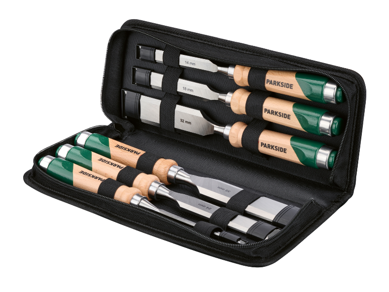 Set dlijeta za drvo u torbici, s veličinama 14, 18, 24, 32 i 35 mm.