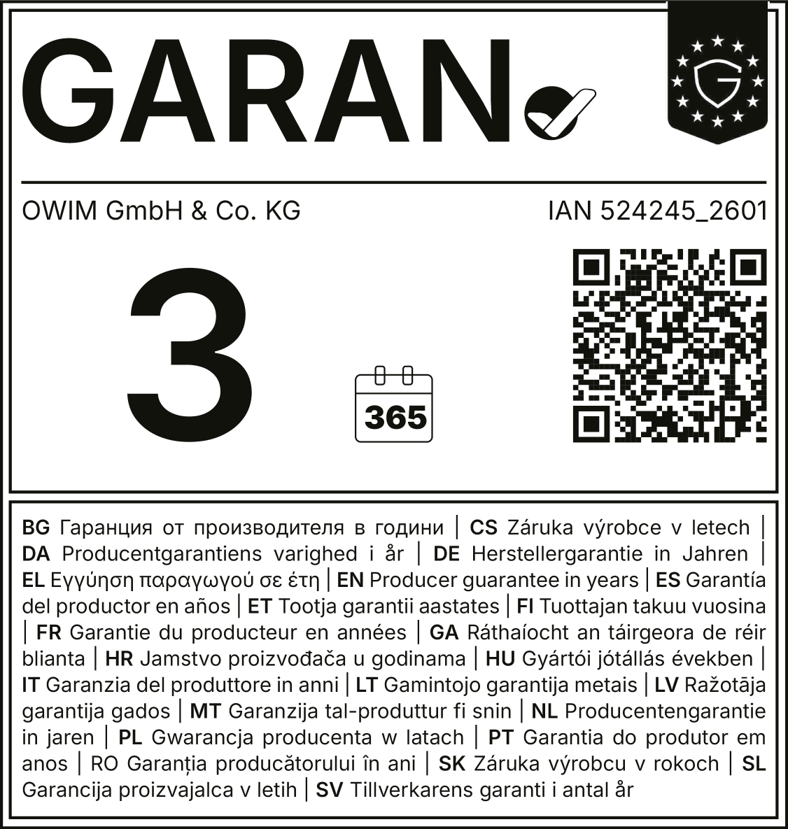 Jamstvo proizvođača 3 godine (365 dana), IAN broj 524245_2601.