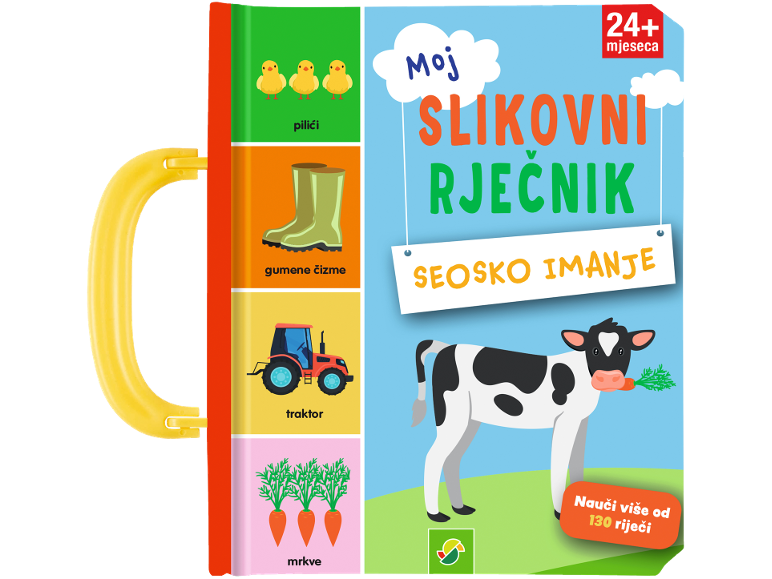 Dječja slikovnica o farmi s pilićima, čizmama, traktorom, mrkvama i kravom.
