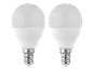 Dvije bijele LED žarulje s E14 navojem na crnoj pozadini.