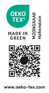 MADE IN GREEN pečat s brojem M2DNGXAA0 Hohenstein i QR kodom.
