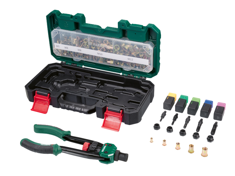 Set alata za zakivanje s zakovicama M5, M6, M8, M10 i M12 u kutiji.