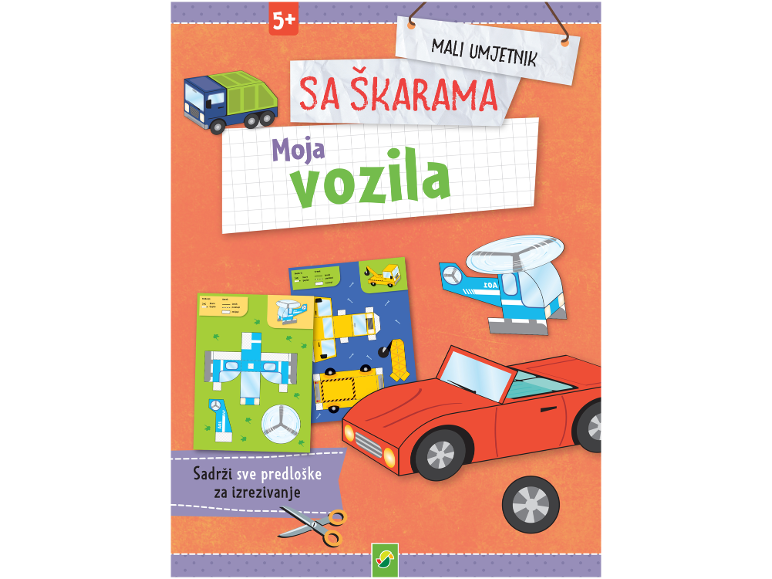 Knjiga za izrezivanje za djecu s papirnatim vozilima poput automobila, helikoptera i kamiona.
