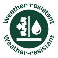 Zelena oznaka „Weather-resistant“ s ikonama pahuljice i kapljice vode.