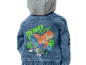 Dječja traper jakna s natpisom „DINO EXPERT“ i motivom dinosaura i psa.