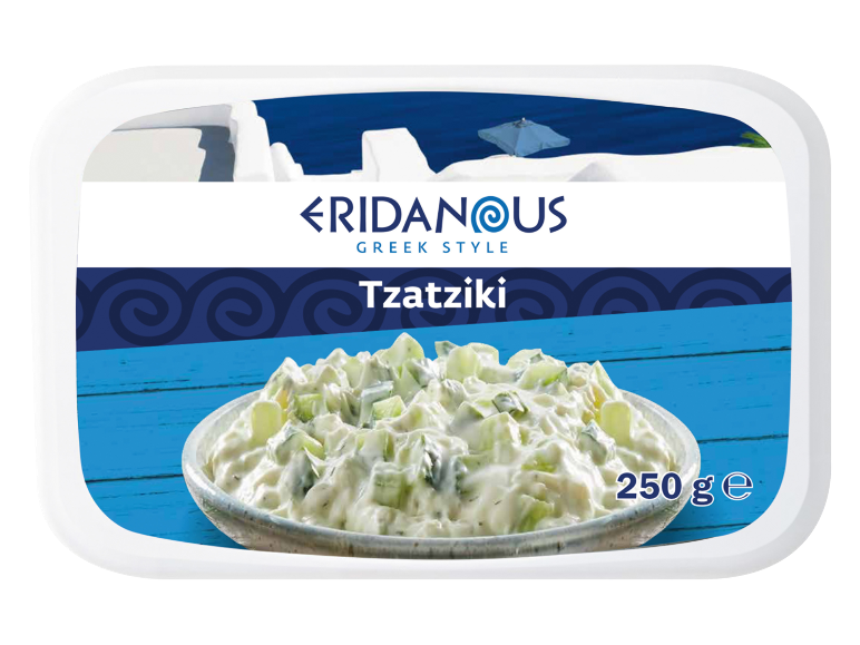 Pakiranje grčkog tzatzikija s posudom tzatzikija i pozadinom morskog pejzaža, 250 g.