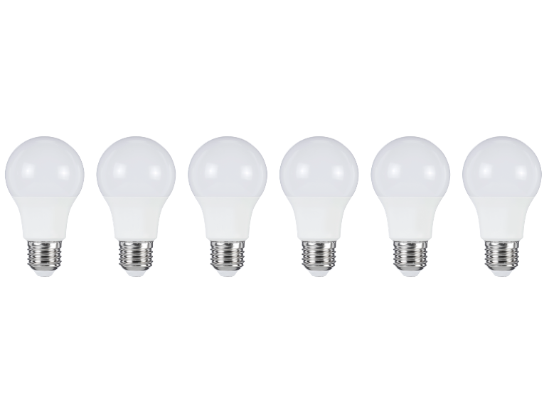Šest bijelih LED žarulja s metalnim navojnim grlima na crnoj pozadini.