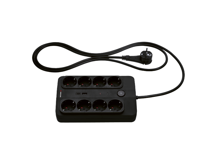 Crna produžna letva s 8 utičnica, 2 USB priključka i prekidačem, namotani kabel.