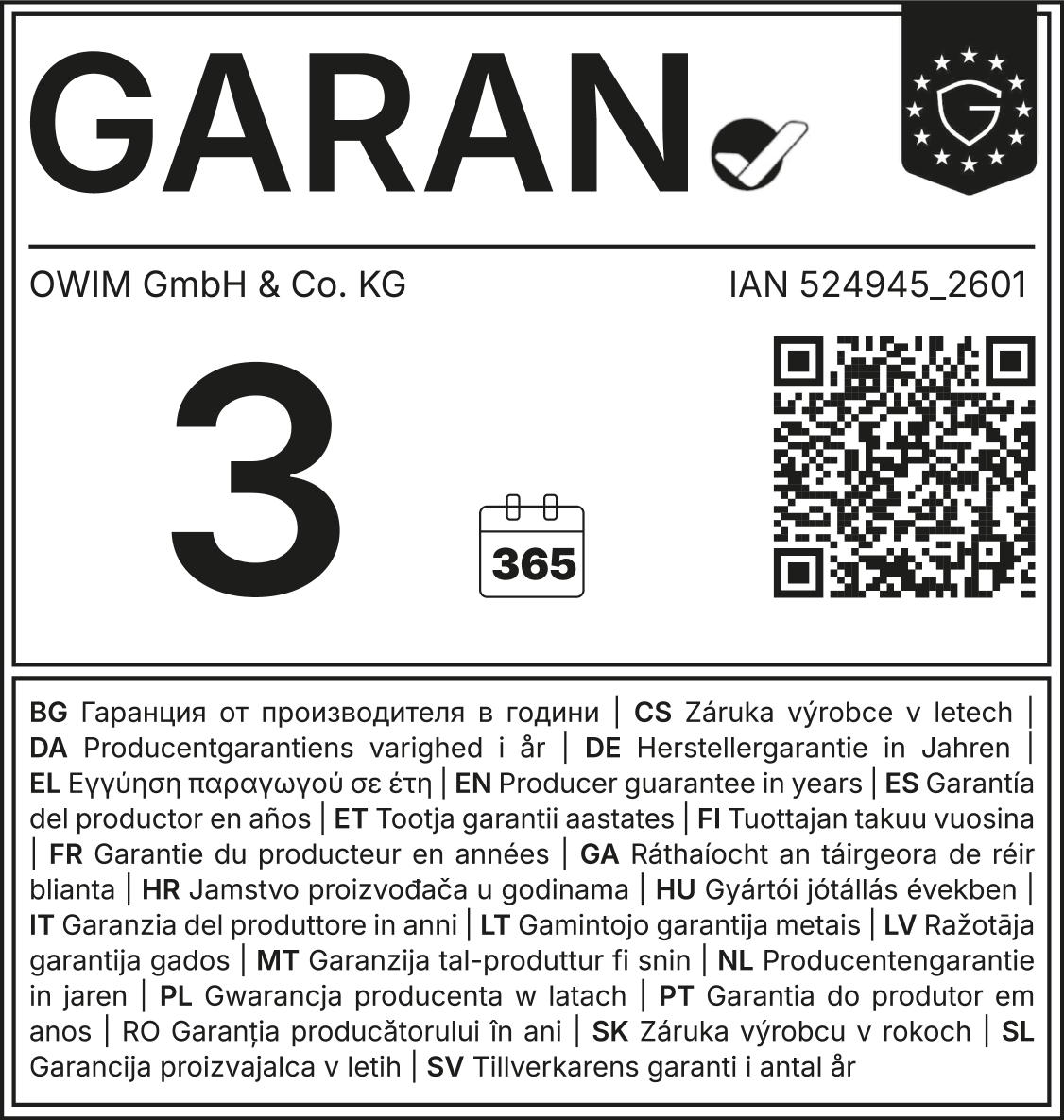 Jamstvo proizvođača: 3 godine (365 dana). IAN 524945_2601.