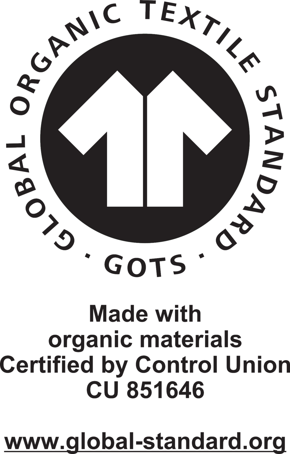GOTS oznaka: Global Organic Textile Standard, izrađeno od organskih materijala, certificirano od Control Union CU 851646.