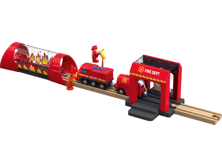 Crveni vatrogasni vlak set s tunelom, vatrogasnim vozilom i vatrogasnom postajom.