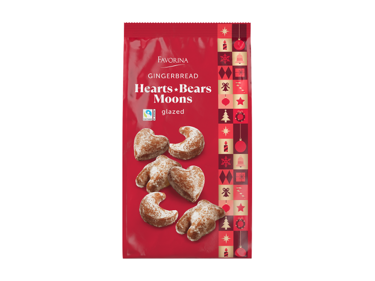Glazirani medenjaci u obliku srca, medvjeda i mjeseca, s Fairtrade oznakom.