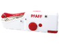 Bijeli i crveni ručni šivaći stroj s gumbima i tekstom „PFAFF“.