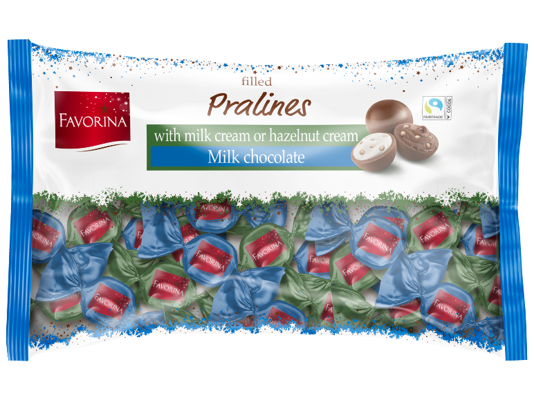 Mliječne čokoladne praline punjene mliječnom ili lješnjak kremom, u plavim i zelenim omotima.