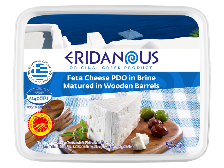 Feta sir ZOI u salamuri, dozrijevan u drvenim bačvama, s maslinama i začinskim biljem.
