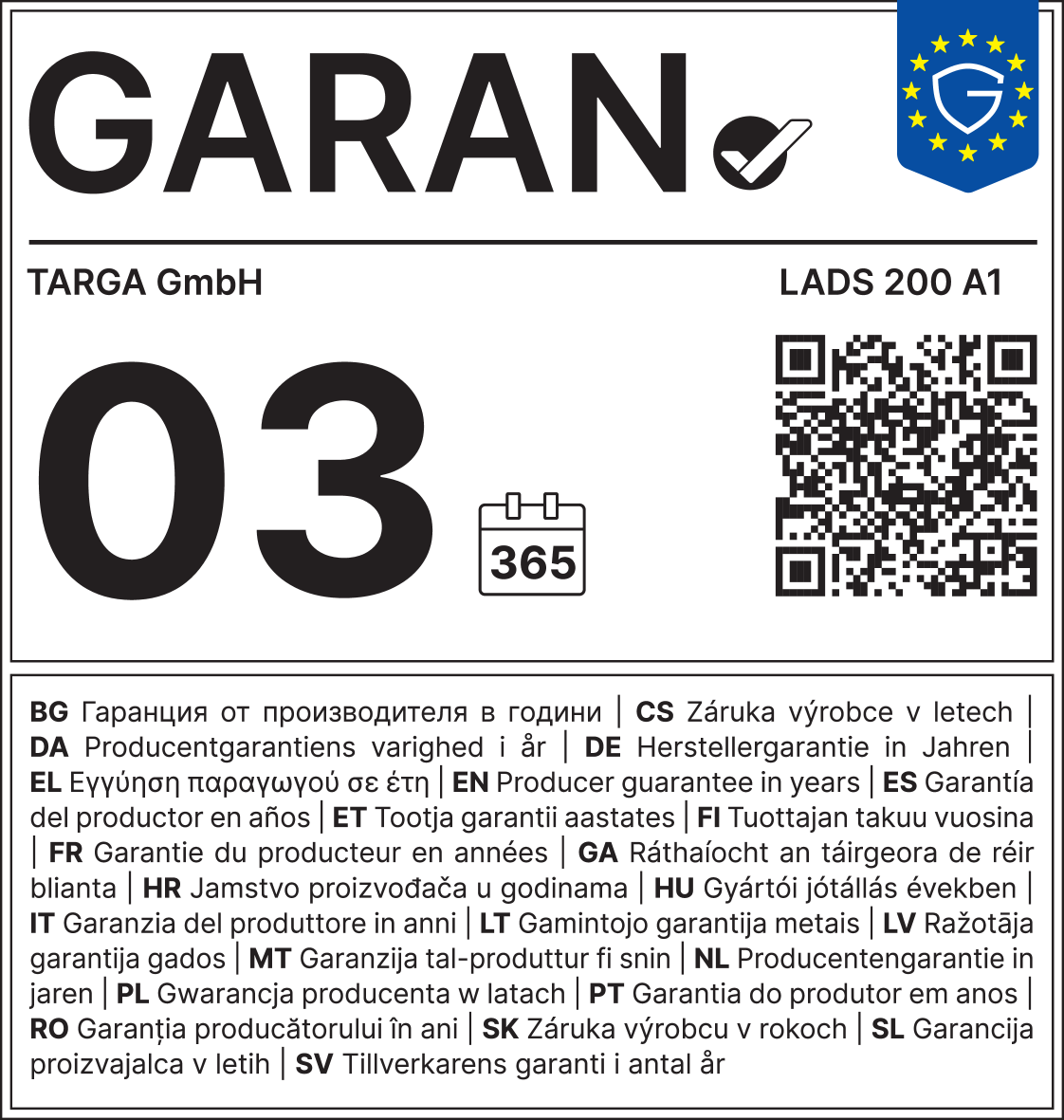 Jamstvo 03 godine, 365 dana. Šifra proizvoda LADS 200 A1.