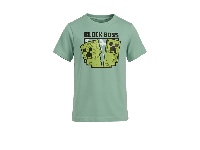 Zelena majica s printom likova iz videoigre i natpisom „BLOCK BOSS“.